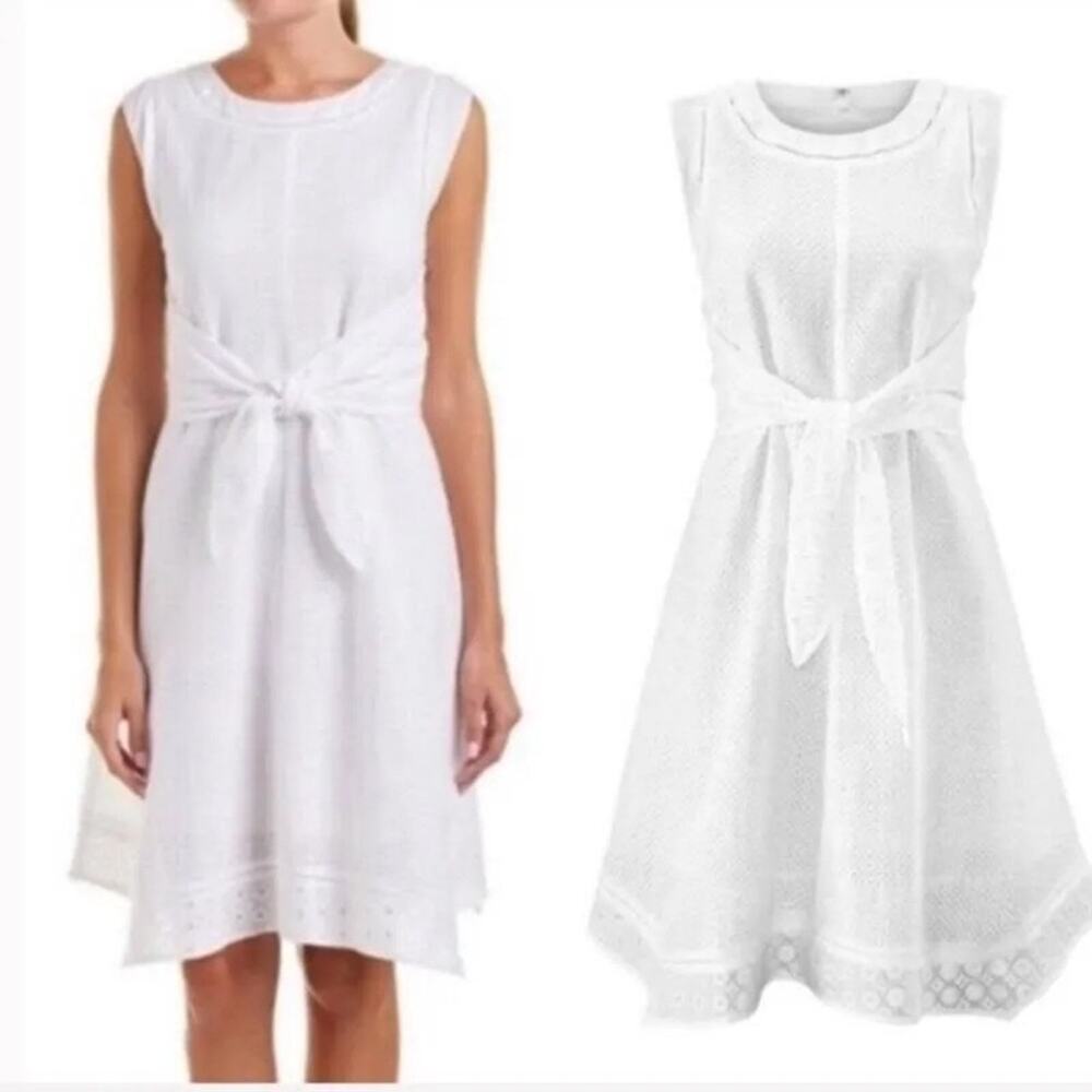 CAbi Women's 4 White Lizzie Eyelet Lace Tie Front Sleeveless Knee Length Dress